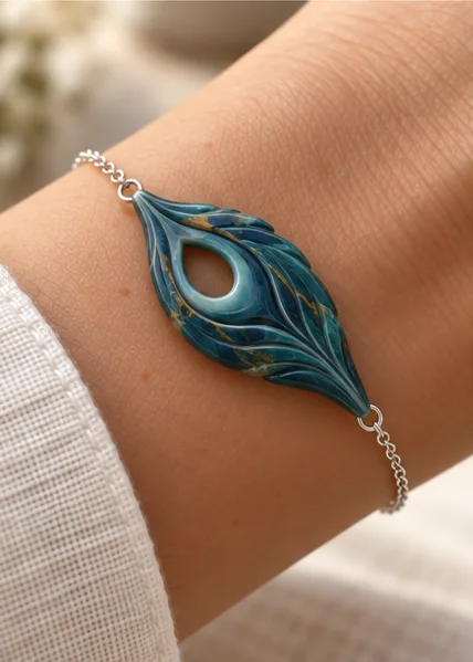 Close view of the teal peacock bracelet