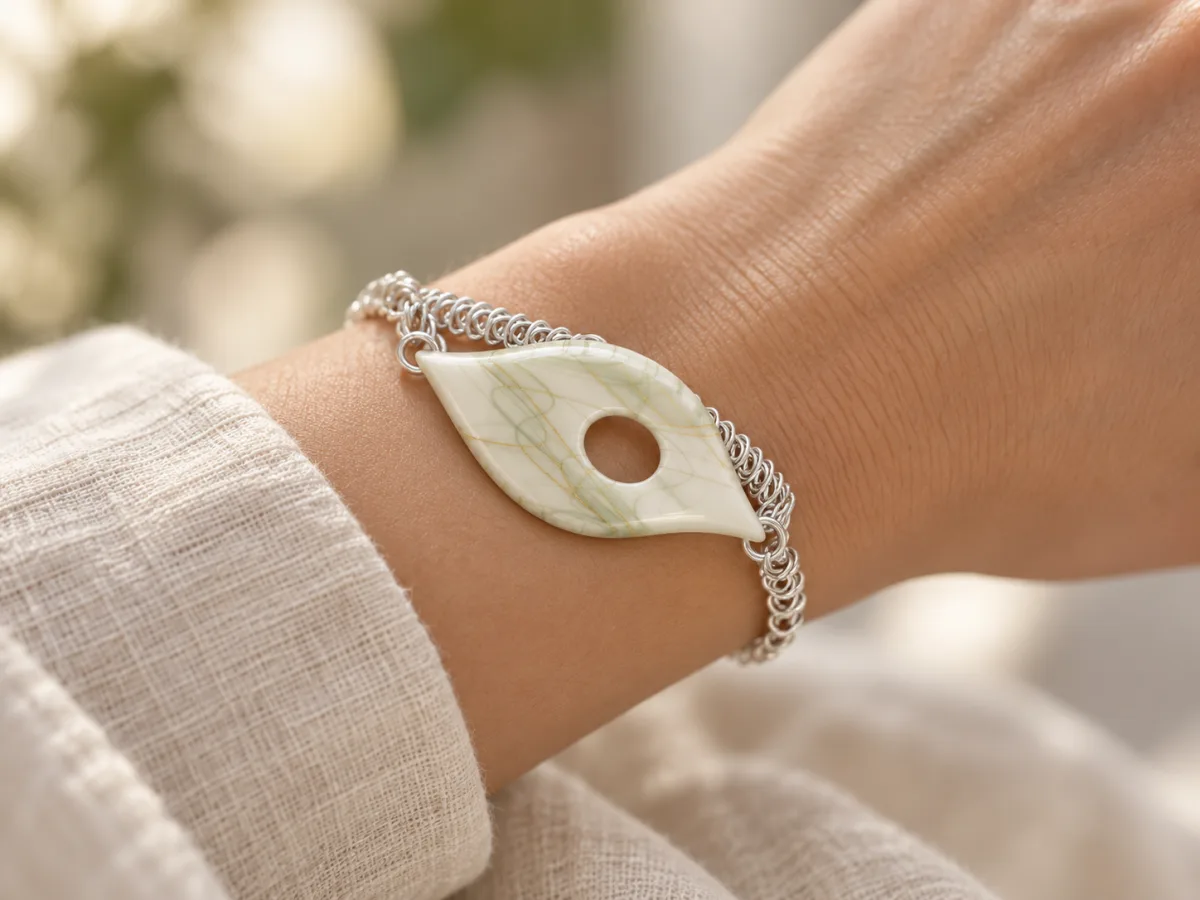 Ivory leaf bracelet with fine sage and gold veins on a wrist